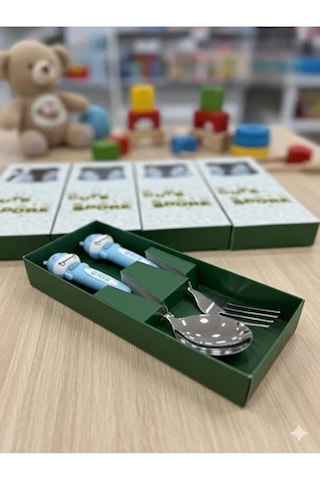 Ultra Lüks Paslanmaz Çoçuk Mama Kaşık Ve Çatal Seti Mavi