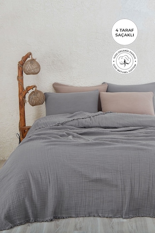 %100 Pamuk Çift Kişilik Müslin Yatak Örtüsü 4 Katlı Yumuşak Battaniye Müslin Pike Takımı 3 Parça Gri Gri