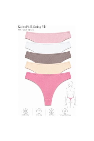 Nicoletta Kadın Külot Tanga 5 Li Paket Likralı Fitilli Kaşkorse Pamuklu Mavi Pembe