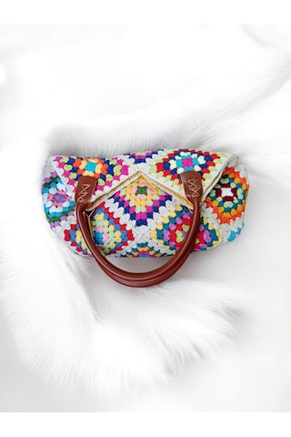 Embahandmde El Yapımı Renkli Granny Square Omuz Çantası Keten Astarlı Bohem Yazlık Kadın Çanta Krem - Bej