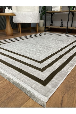 Saraz Halı Çerçeve Model Bambu Yıkanabilir Parlak Halı Kahve Çizgi Kahve-gri