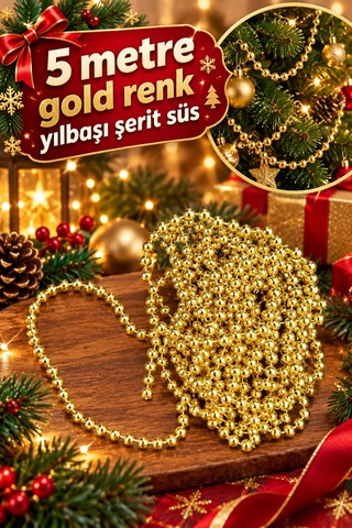 5 Metre Gold Şerit Toplu Yılbaşı Ağaç Süsü - Yılbaşı Dekor - Yılbaşı Süsleme Boncuk Şerit 6mm Diğer
