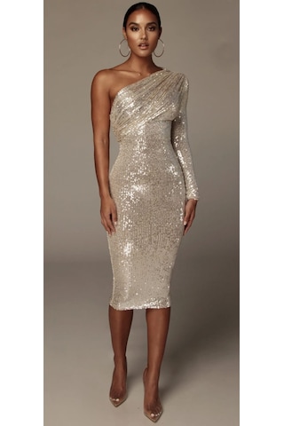 Hanife Glam Couture Hanife Glam Pulpayet Işlemeli Tek Kollu Midi Elbise Gümüş