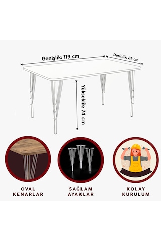 Modern Ahşap Desenli 6 Kişilik Yemek Masası 119x89 Cm Sabit Metal Ayaklı Sağlam Mutfak Masası, Çalışma Masası, Balkon Masası Atlantik - Çam