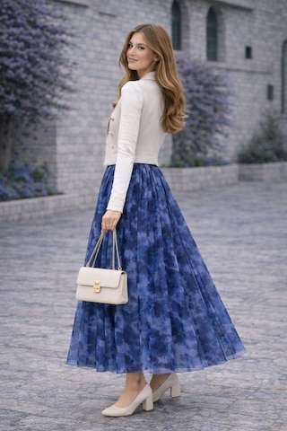 Hira Life Fashion Asimetrik Kesim Etnik Desen Ve Beli Lastikli İçi Astarlı Tül Etek Mavi Mavi