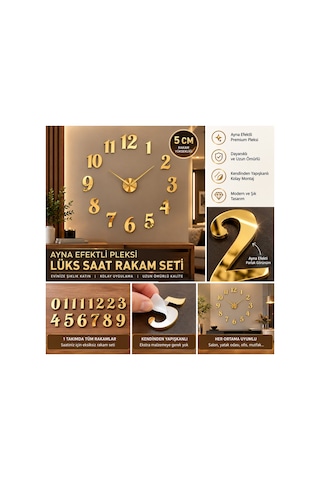 Lüks Saat Rakam Seti Gold, Gümüş Pleksi & Ahşap Modellere Özel - 3 Cm Ve 5 Cm Kendin Yap Saat Rakamları 6'lı Set