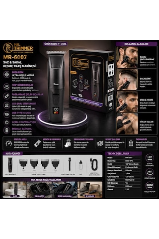 Saç Sakal Kesme Traş Makinesi Şarjlı Dijital Göstergeli 180 Döner Başlık 3-6-9-12mm Tarak Mr-6007 1 - 2 Saat