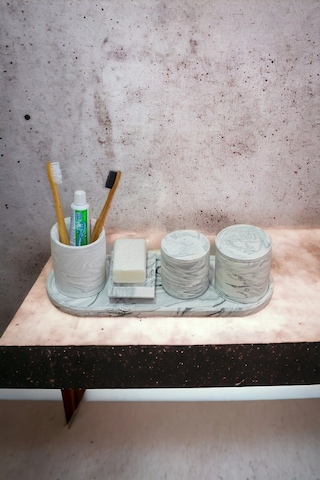 Marble Banyo Seti,tepsi,dis Fırçalık, Pamukluk,sabunluk Seti Beton Takim Gri