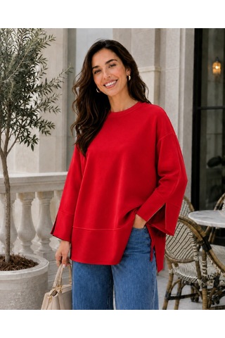 Unika Boutique Kadın Oversize Yırtmaçlı Uzun Kollu Salaş Bluz Kırmızı