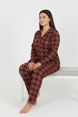 Bravie Luxury Soft Kahverengi Ekose Desenli Uzun Kollu Kadın Pijama Takımı Büyük Beden 3009 Kahverengi