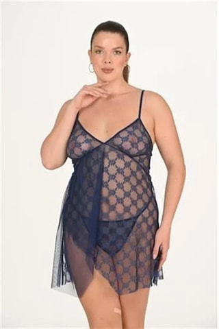 Ang Butik Kadın Büyük Beden Lacivert Dantel İşlemeli Tül Gecelik
