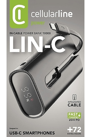 Cellularline LCD Ekranlı Entegre Type-C Kablolu Input + Output 10.000 Mah Powerbank