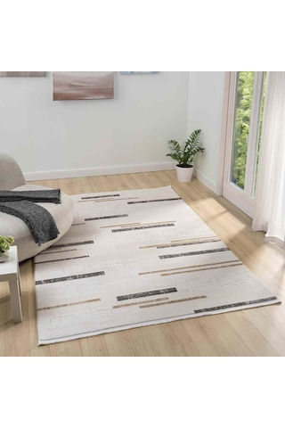 Krem Bej Kahve Yatay Blok Desenli Halı - Mk0559grl