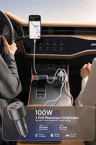100w Araç Hızlı Şarj Aleti 2 Usb-c + Qc Usb Girişi Tüm Araçlar Uyumlu Şarj 100w Silver