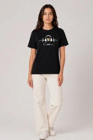 Hazego Müzik Temalı Baskılı Tişört Bisiklet Yaka Kısa Kol T-shirt - Siyah