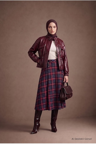Avenna Yüksek Bel Ekose Desenli Uzun Etek 92 Cm Boy Bordo 26kt112