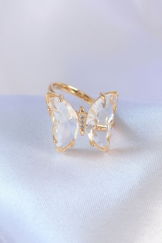 Gold Renk Zirkon Taşlı Kelebek Model Pirinç Kadın Yüzük Çok Renkli