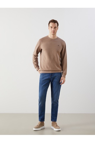 Lcwaıkıkı Classic Bej Bisiklet Yaka Uzun Kollu Baskılı Erkek Sweatshirt