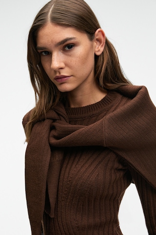 Grımelange ENCANTO Kadın Yuvarlak Yaka Çizgi Desenli Slim Fit Kahverengi Elbise