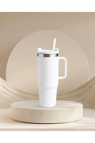 Beyaz Paslanmaz Çelik Termos Pipetli 1200ml Beyaz