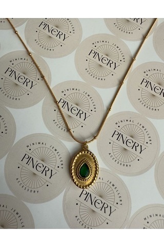 Zümrüt Damla Taşlı Kararmaz Çelik Kadın Gold Kolye Modern Ve Şı Altın