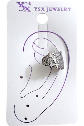 Earcuff Sıkıştırmalı Çelik Kıkırdak Küpe Üçgen Desenli Zirkon Taşlı Gümüş Renk