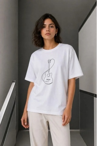 Efnaz Style Minimal Gitar Baskılı Tişört T-shirt Yazlık Kısa Kol Bisiklet Yaka T-shirt - Beyaz