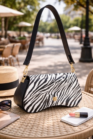 Dukidaso Beyaz Altın Tokalı Zebra Desenli Kadın Omuz Çantası Beyaz Mt1606