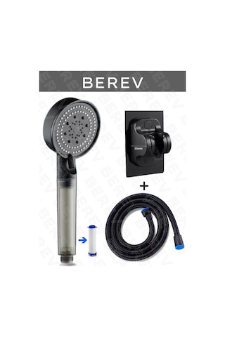 Berev Filtreli 5 Fonksiyonlu Yüksek Basınçlı Ayarlanabilir Duş Başlığı 150 Cm Siyah Hortum Yapışkanlı Duş Başlığı Askısı Mafsal Siyah