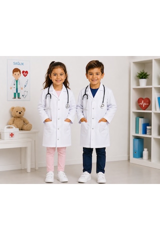 Lalvera Kız Erkek Cocuk Doktor Önlüğü, Laboratuvar Öğretmen Kıyafeti Kostümü - Çocuk Hemşire Önlük Beyaz