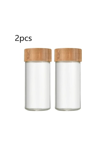 2'li Bambu Kapaklı Kare Cam Baharatlık Cam Saklama Kabı - 120ml ŞEffaf