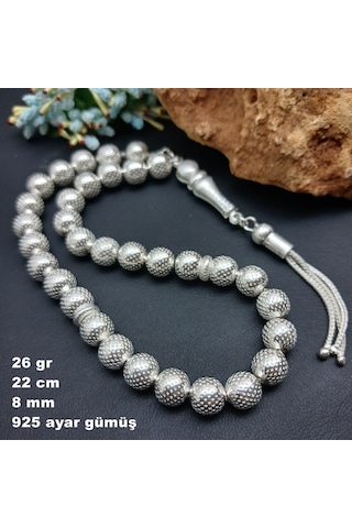 925 Ayar Gümüş Tesbih Yuvarlak Kesim Nokta Desen Büyük Boy