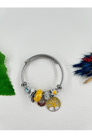 Bhs Life Kadın Charmlı Sarı Renk Kristal Taşlı Hayat Ağacı Çelik Bileklik