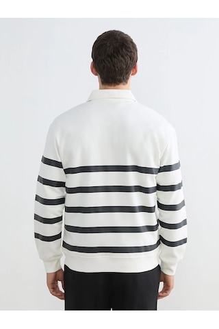 Lc Waikiki Beyaz Polo Yaka Çizgili Erkek Kalın Sweatshirt