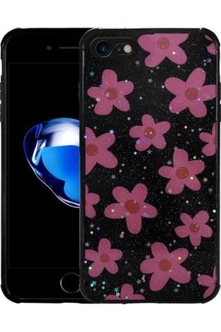 Apple Uyumlu iPhone Se 2022 Kılıf Simli Desenli Kamera Korumalı Parlak Zore Popy Kapak Çiçek