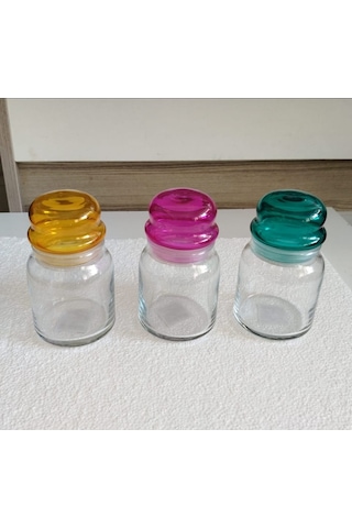La V Vakumlu Renkli Kapak Cam 3'lü Kavanoz Seti 290 Cc