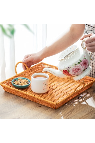 Porsima 709a Kare 3'lü Hasır Tepsi Dekoratif Sunum Servis Tepsisi