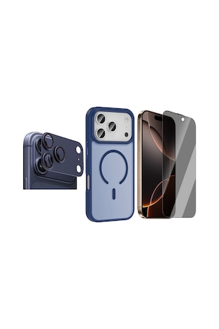 Vendas Apple iPhone Uyumlu 17 Pro Kılıf M-safe Şarj Özellikli Mat Arka Yüzey Zore Sio Kapak +lens +ekran Koruyucu Lacivert
