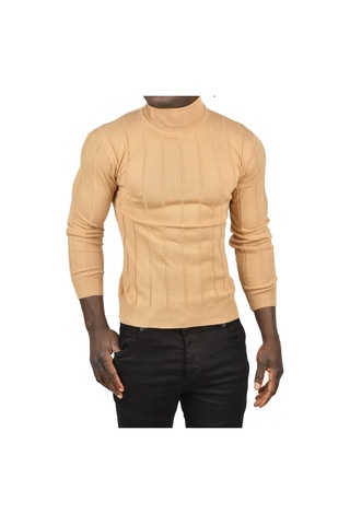 Deepsea Erkek Camel Slim Fit Likralı Tam Balıkçı Yaka Çizgili Boğazlı Kazak 2505504 Camel
