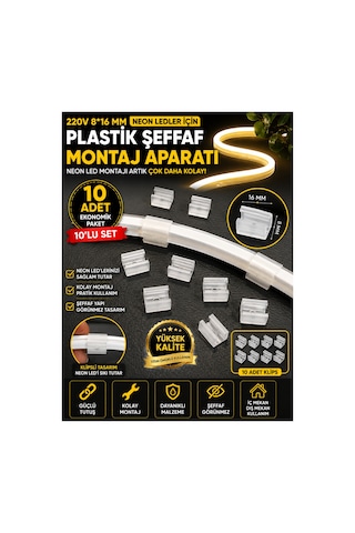 10 Adet Neon Led Tutucu Klips 1 Vidalı Duvar Aparatı,bağlantı Montaj Aparatı,kroşe,plastik Şeffaf Montaj Aparatı