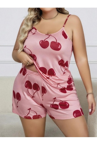 L'ombre Büyük Beden Pembe Kiraz Desen İnce Askılı Pamuklu Şortlu Pijama Takımı