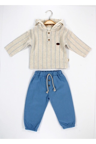 Babyhola Erkek Bebek Bayramlık Takım Müslin Kumaş Kapüşonlu Üst Ve Pantolon Set 2219 Mavi
