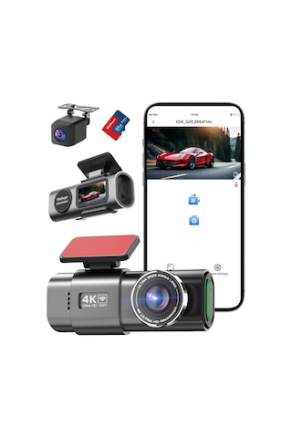 Wifi Dashcam Araç Ön Arka, 4k+1080p, Araç Kamerası, 64g Sd Kartlı Uygulama Kontrolü Araç Kamerası, 170 +140