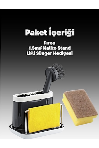 Grimorlife Fırçalı Telli Mutfak Seti Siyah- Standlı Plastik Mutfak Lifli Sünger Hediyeli Siyah