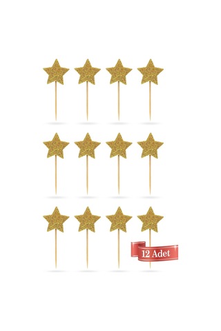 Gold-kırmızı Çift Taraflı Yıldız Simli Eva Kürdan Cupcake Toppers Cupcake Çubuğu 12'li