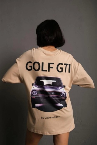 Wear Vexel Kadın Oversize Tişört Golf Gtı Retro Araba Baskılı T-shirt - Bej Bej