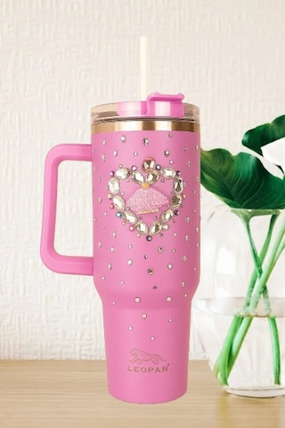 Pipetli 1,2 Litre Kulplu Çelik Termos Renkli Üzeri Taş İşlemeli - Pembe Pembe