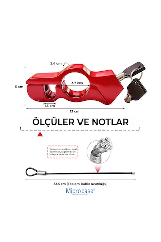 Microcase Motosiklet Direksiyon Fren Kilidi - Kask Kilitleme Kablolu E-scooter Ve Bisiklet Elcik Kilidi, Paslanmaz Çelik Güvenlik Kilidi Kırmızı - Al5871