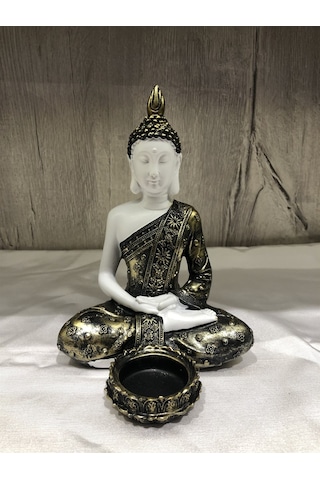 Pirinç Görünümlü Beyaz Buda Tealight Mumluk - Meditasyon Duruşlu