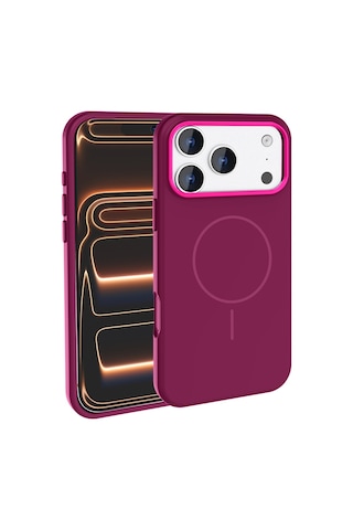 Maks Technology Apple iPhone Uyumlu 17 Pro Kılıf M-safe Şarj Özellikli Metal Kamera Çerçeveli Mkst Edi Silikon Kapak - Bordo